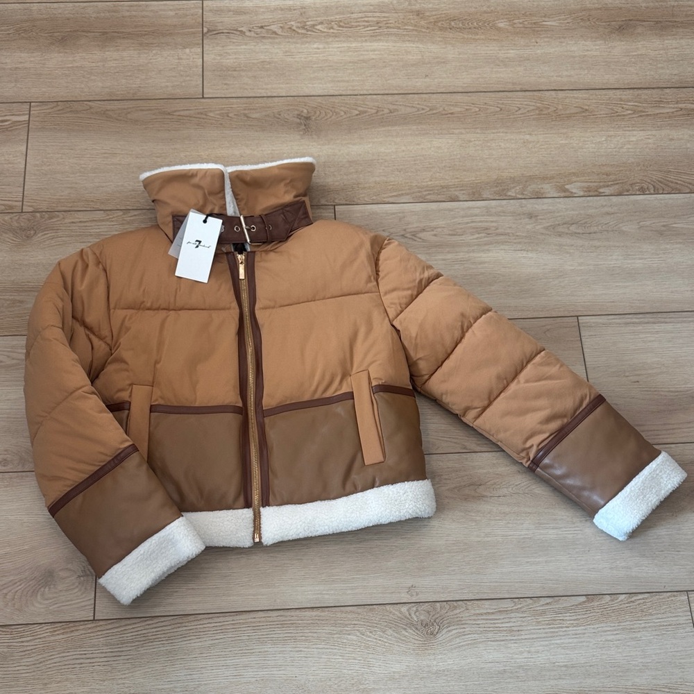 7 For All Mankind Tan and Brown Puffer Jacket NWT SZ SMALL